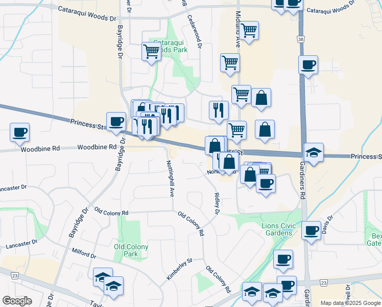 map of restaurants, bars, coffee shops, grocery stores, and more near 2725 Princess Street in Kingston