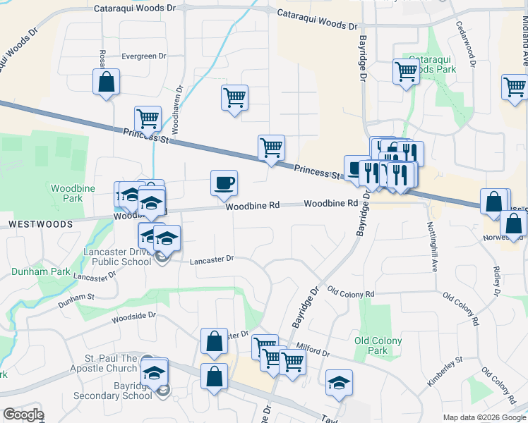 map of restaurants, bars, coffee shops, grocery stores, and more near 977 Woodbine Road in Kingston