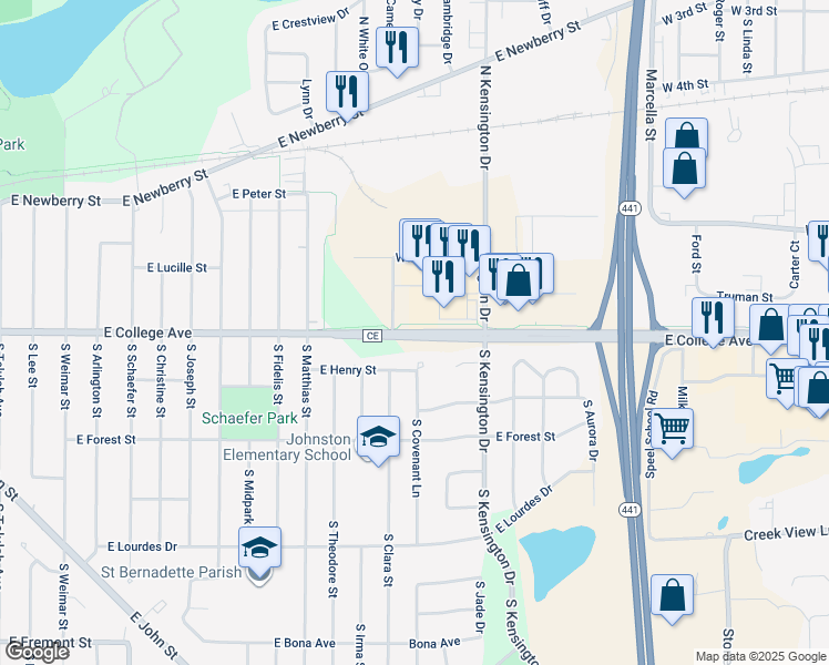 map of restaurants, bars, coffee shops, grocery stores, and more near CE Trail in Appleton