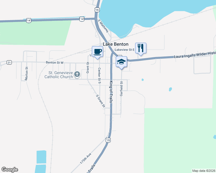 map of restaurants, bars, coffee shops, grocery stores, and more near 110 Bluff Street in Lake Benton