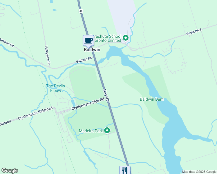 map of restaurants, bars, coffee shops, grocery stores, and more near 24355 Highway 48 in Baldwin