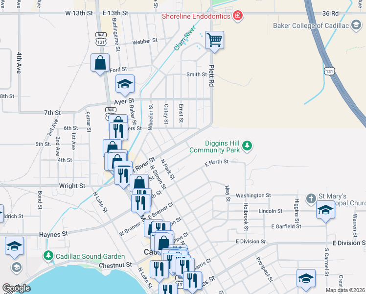 map of restaurants, bars, coffee shops, grocery stores, and more near 800-898 Cotey St in Cadillac