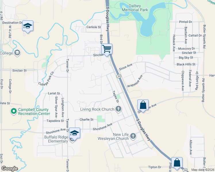 map of restaurants, bars, coffee shops, grocery stores, and more near 3902 Tepee Street in Gillette