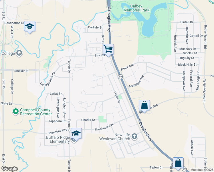 map of restaurants, bars, coffee shops, grocery stores, and more near 25B Tepee Street in Gillette