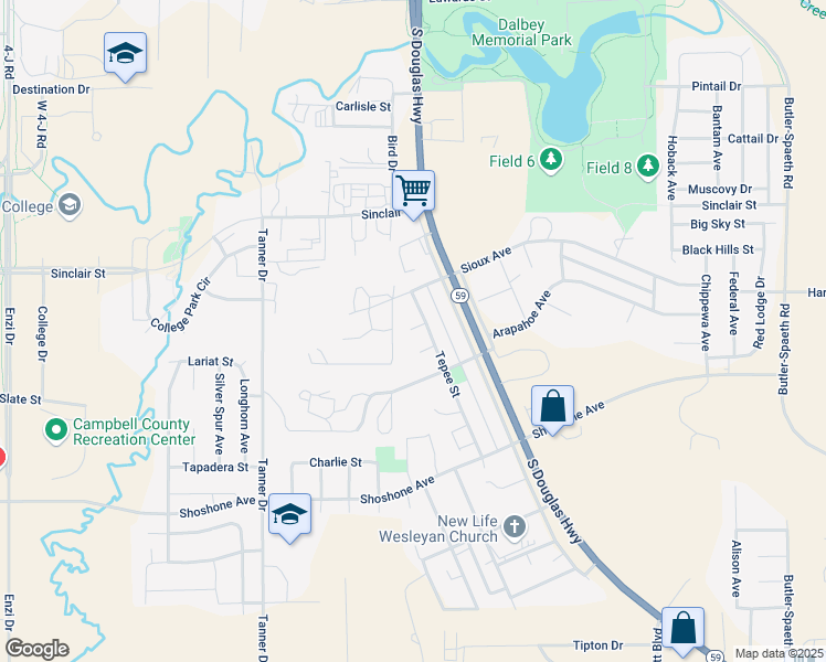 map of restaurants, bars, coffee shops, grocery stores, and more near 25B Tepee Street in Gillette