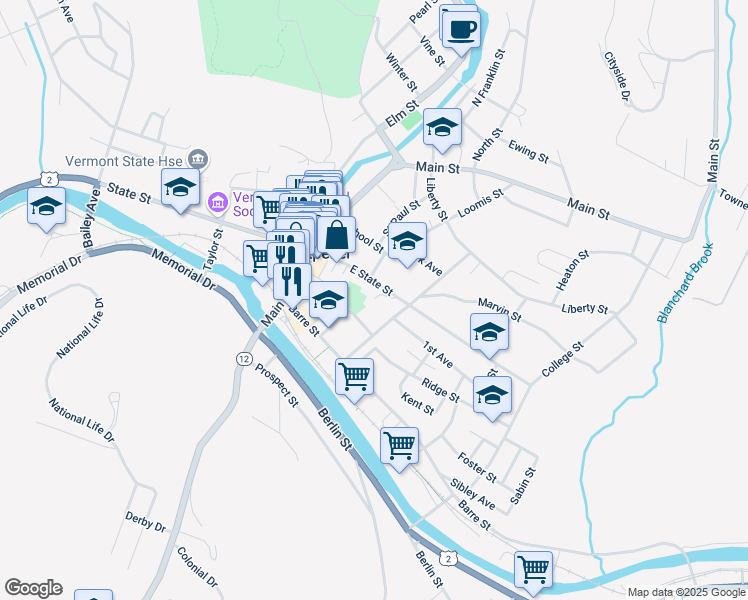 map of restaurants, bars, coffee shops, grocery stores, and more near 49 East State Street in Montpelier