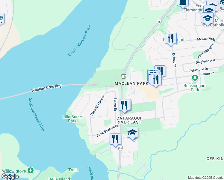 map of restaurants, bars, coffee shops, grocery stores, and more near 83 Barker Drive in Kingston