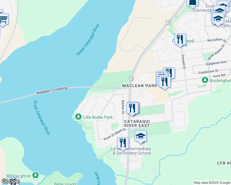 map of restaurants, bars, coffee shops, grocery stores, and more near 83 Barker Drive in Kingston