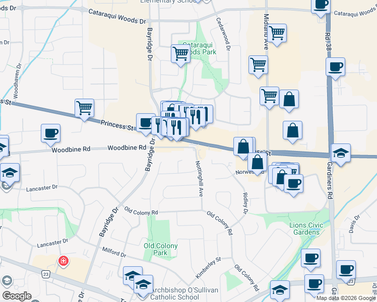 map of restaurants, bars, coffee shops, grocery stores, and more near in Kingston