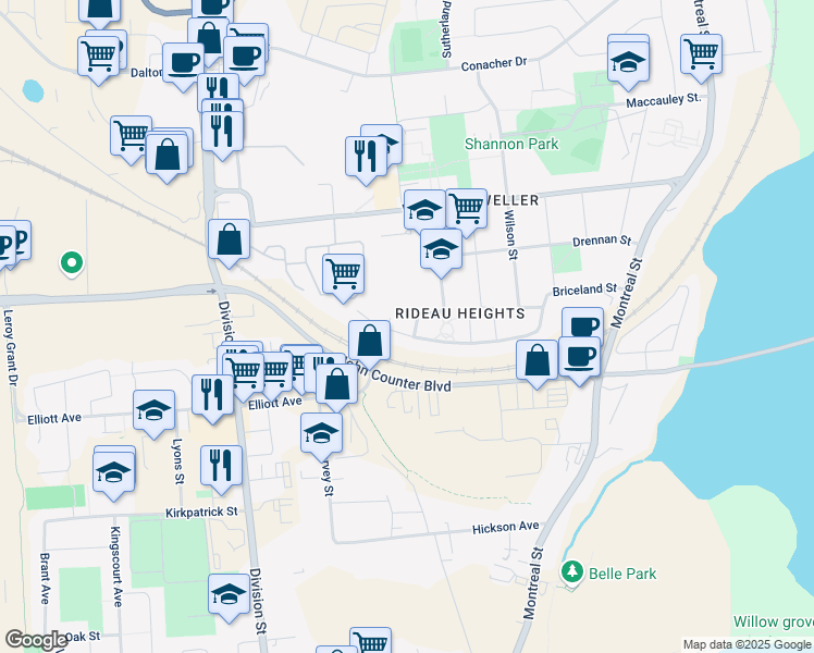 map of restaurants, bars, coffee shops, grocery stores, and more near 34 Wiley Street in Kingston