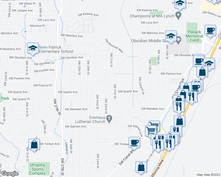 map of restaurants, bars, coffee shops, grocery stores, and more near 2141 Southwest Quartz Avenue in Redmond