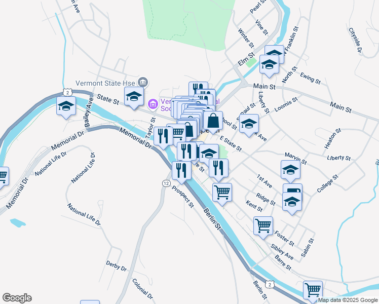 map of restaurants, bars, coffee shops, grocery stores, and more near 27 Main Street in Montpelier