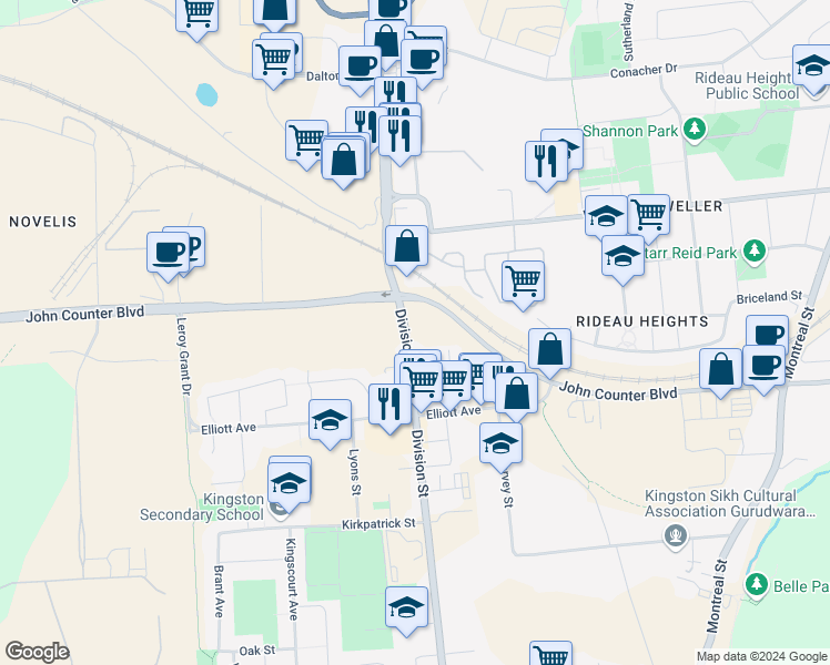 map of restaurants, bars, coffee shops, grocery stores, and more near 959 Division Street in Kingston