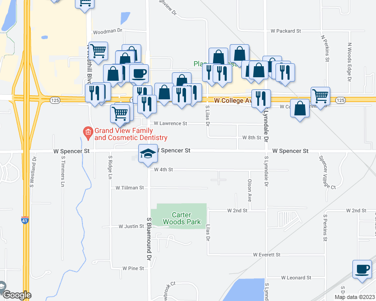 map of restaurants, bars, coffee shops, grocery stores, and more near 2990 West Spencer Street in Appleton