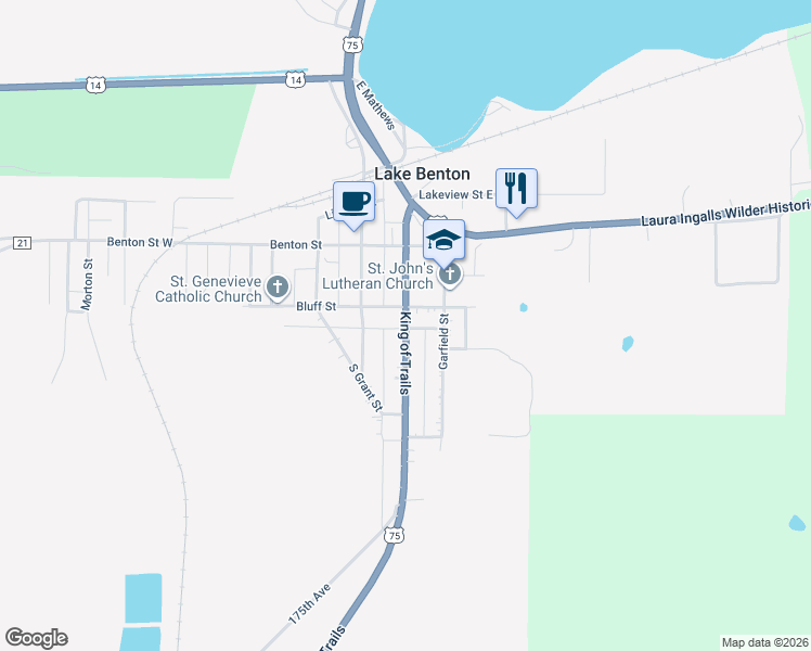 map of restaurants, bars, coffee shops, grocery stores, and more near 218 Fremont Street South in Lake Benton