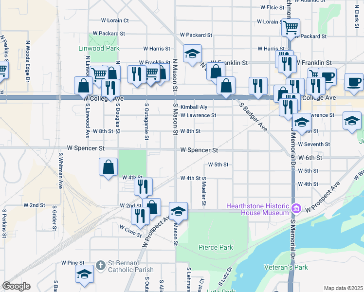 map of restaurants, bars, coffee shops, grocery stores, and more near 1224 West Spencer Street in Appleton