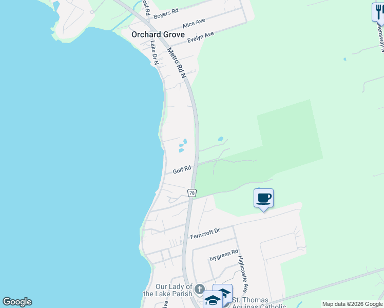 map of restaurants, bars, coffee shops, grocery stores, and more near 282 Metro Road North in Georgina