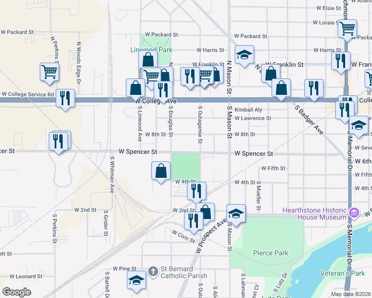 map of restaurants, bars, coffee shops, grocery stores, and more near 1426 West Spencer Street in Appleton