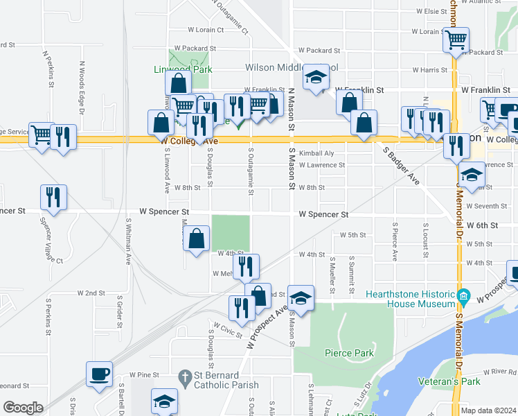 map of restaurants, bars, coffee shops, grocery stores, and more near 1348 West Spencer Street in Appleton