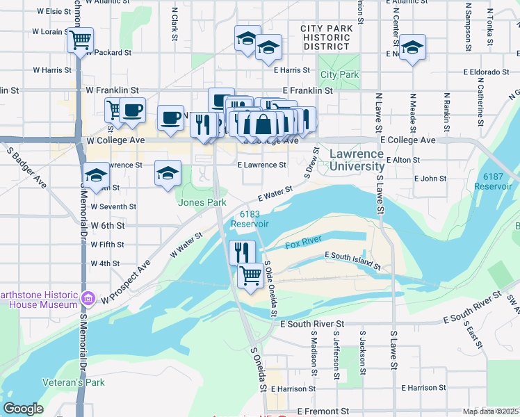 map of restaurants, bars, coffee shops, grocery stores, and more near 121 East Water Street in Appleton