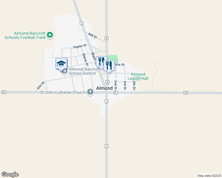 map of restaurants, bars, coffee shops, grocery stores, and more near 1180 County Road D in Almond