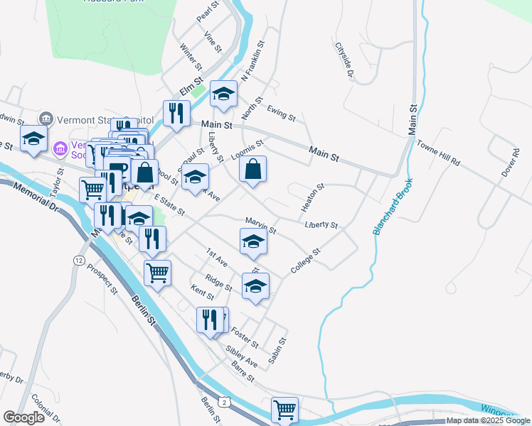 map of restaurants, bars, coffee shops, grocery stores, and more near 45 Liberty Street in Montpelier