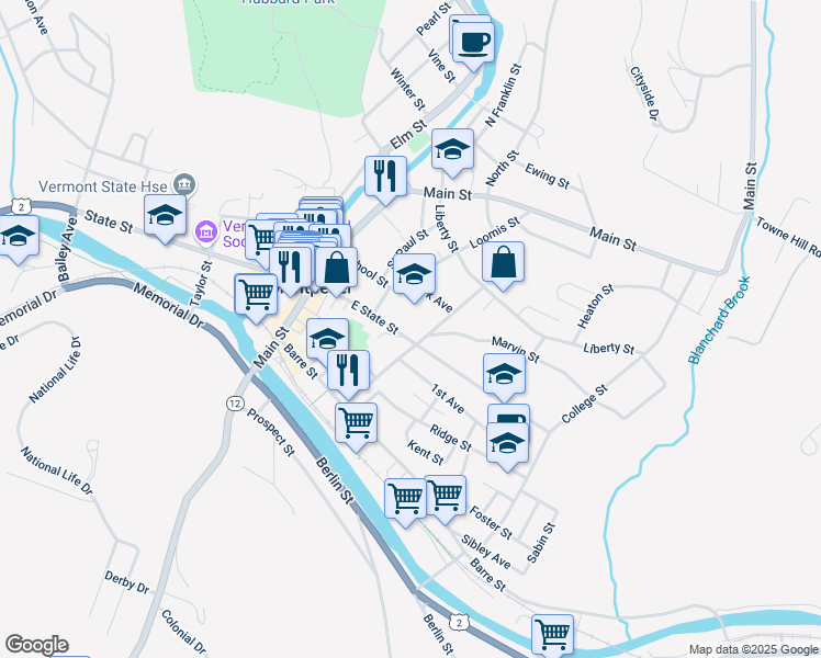 map of restaurants, bars, coffee shops, grocery stores, and more near 58 East State Street in Montpelier