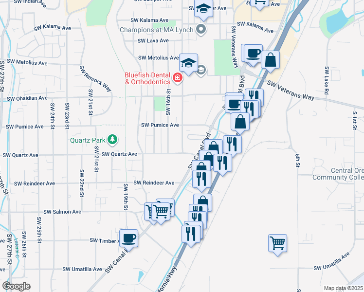 map of restaurants, bars, coffee shops, grocery stores, and more near 1413 Southwest Quartz Avenue in Redmond