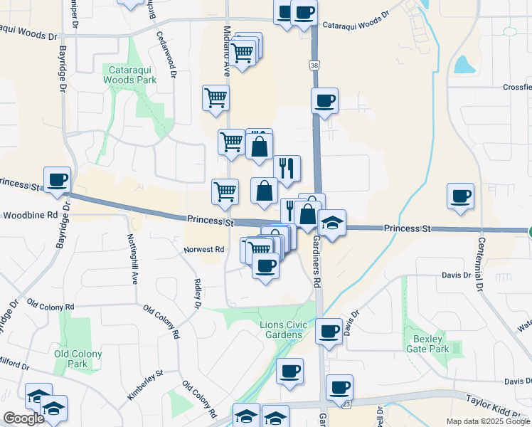 map of restaurants, bars, coffee shops, grocery stores, and more near 2560-2656 Princess St in Kingston