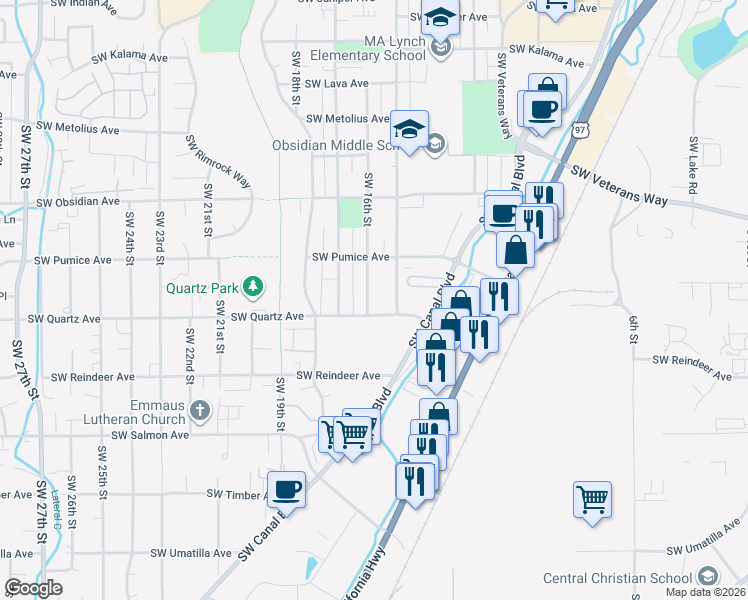 map of restaurants, bars, coffee shops, grocery stores, and more near 1830 Southwest 16th Street in Redmond