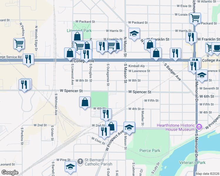 map of restaurants, bars, coffee shops, grocery stores, and more near 320 South Outagamie Street in Appleton