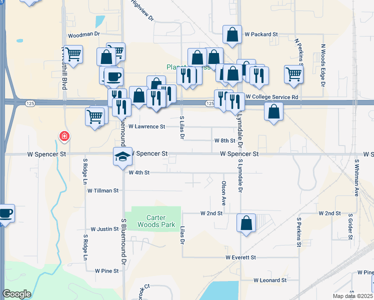 map of restaurants, bars, coffee shops, grocery stores, and more near 2820 West Spencer Street in Appleton