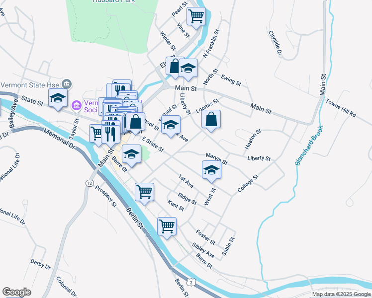map of restaurants, bars, coffee shops, grocery stores, and more near 2 Marvin Street in Montpelier