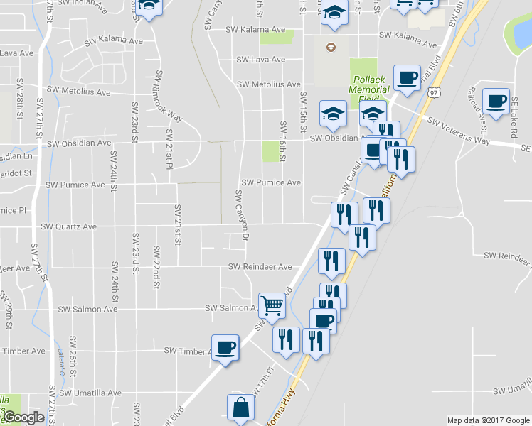 map of restaurants, bars, coffee shops, grocery stores, and more near 1832 Southwest 17th Street in Redmond
