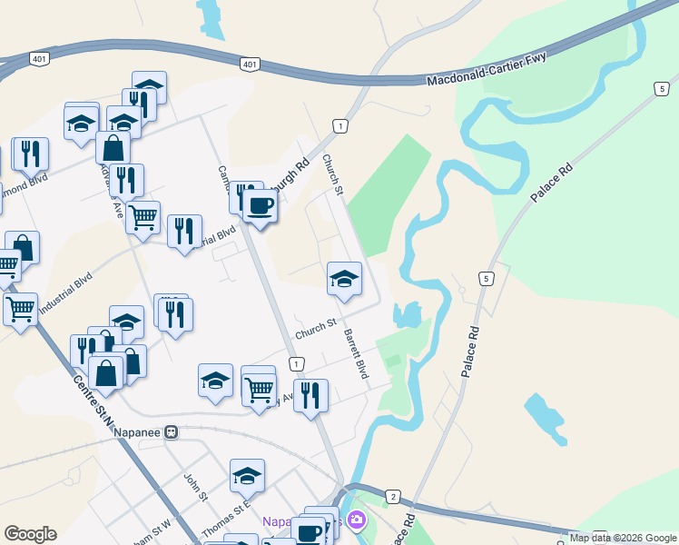 map of restaurants, bars, coffee shops, grocery stores, and more near 302 Ginger Street in Napanee