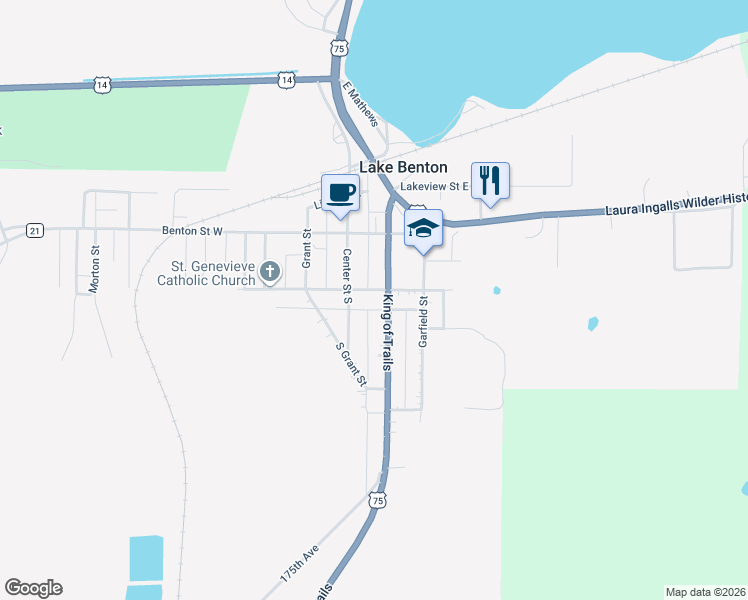 map of restaurants, bars, coffee shops, grocery stores, and more near 110 Bluff Street in Lake Benton