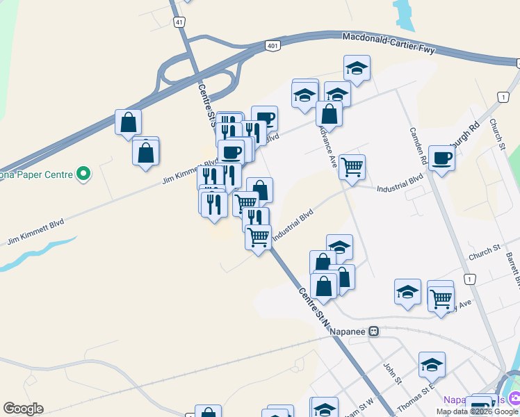 map of restaurants, bars, coffee shops, grocery stores, and more near 447 Centre Street North in Napanee