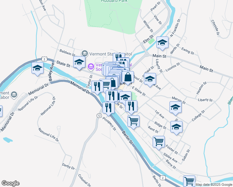 map of restaurants, bars, coffee shops, grocery stores, and more near 27 Main Street in Montpelier