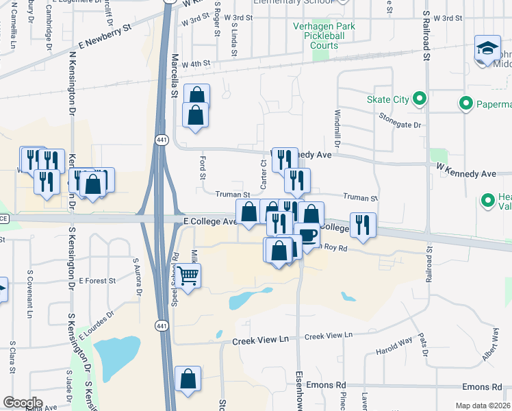 map of restaurants, bars, coffee shops, grocery stores, and more near 1001 Truman Street in Kimberly