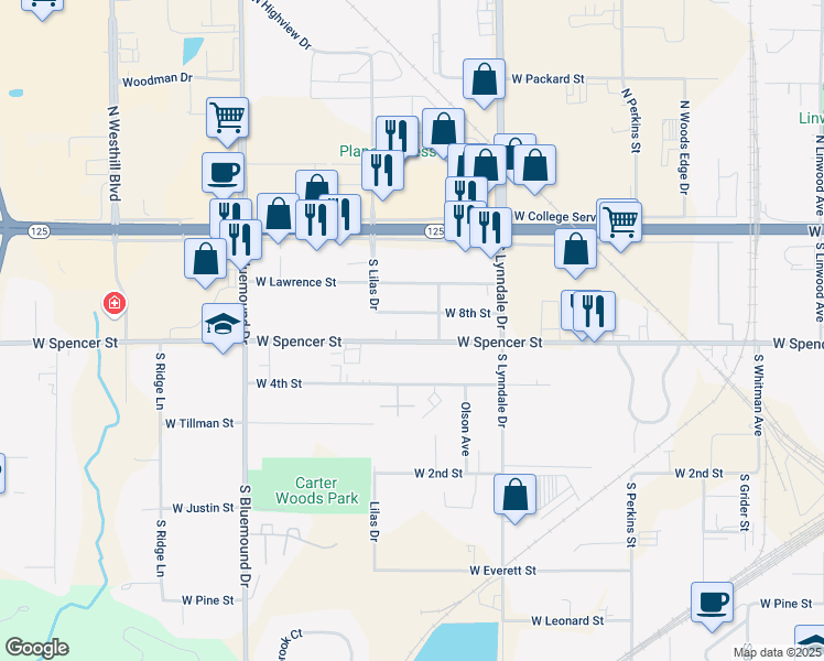 map of restaurants, bars, coffee shops, grocery stores, and more near 2720 West Spencer Street in Appleton