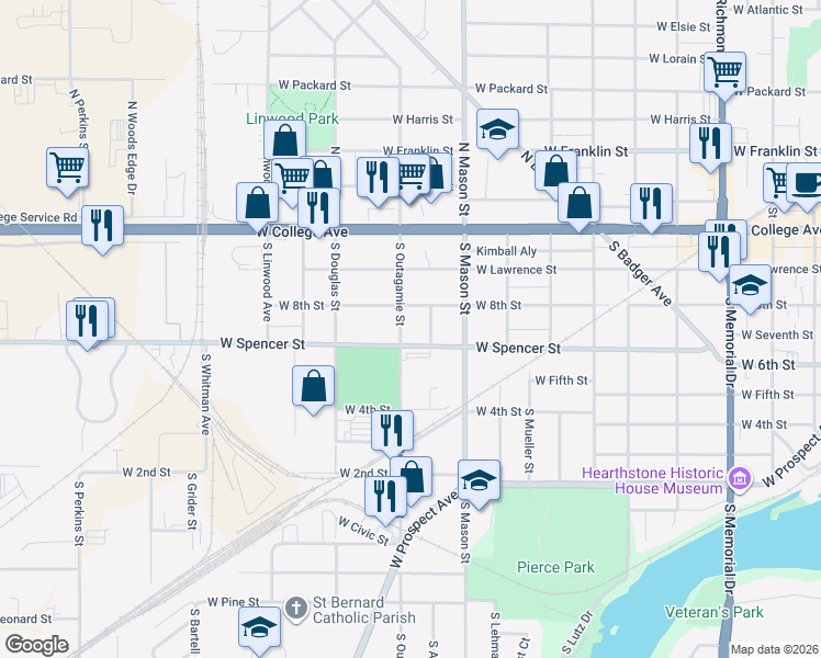 map of restaurants, bars, coffee shops, grocery stores, and more near 320 South Outagamie Street in Appleton