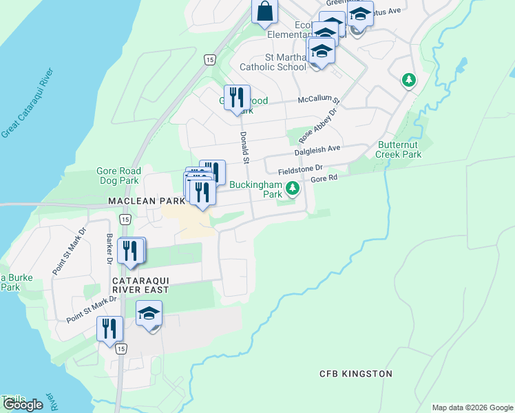 map of restaurants, bars, coffee shops, grocery stores, and more near 1 Buckingham Court in Kingston