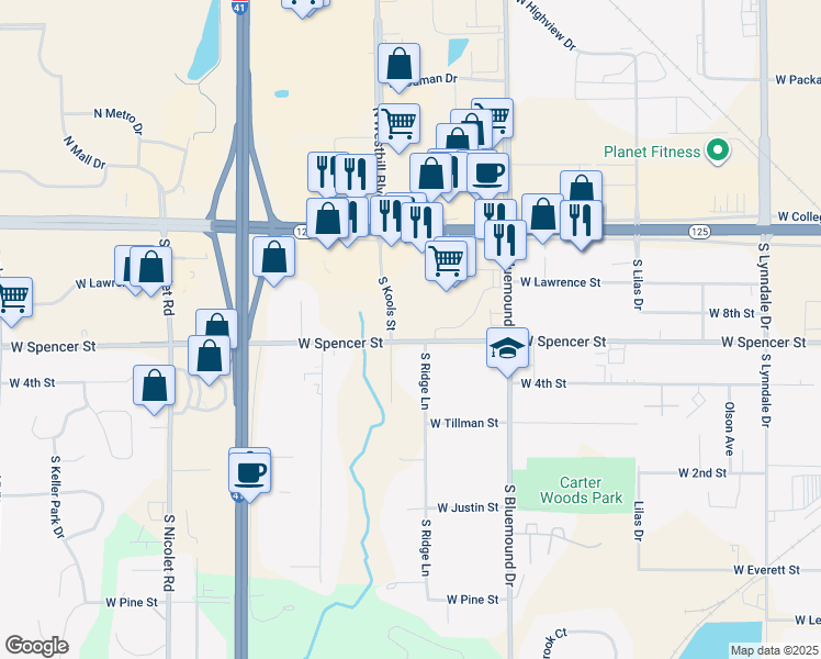 map of restaurants, bars, coffee shops, grocery stores, and more near 3610 West Spencer Street in Appleton