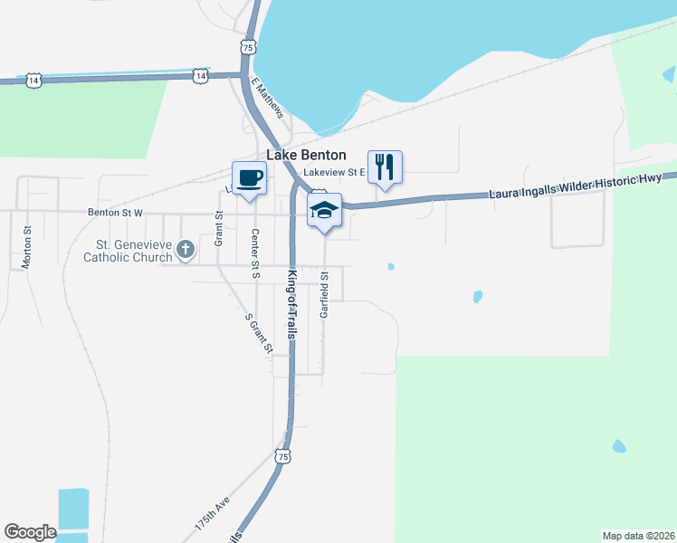 map of restaurants, bars, coffee shops, grocery stores, and more near 302 East Bluff Street in Lake Benton