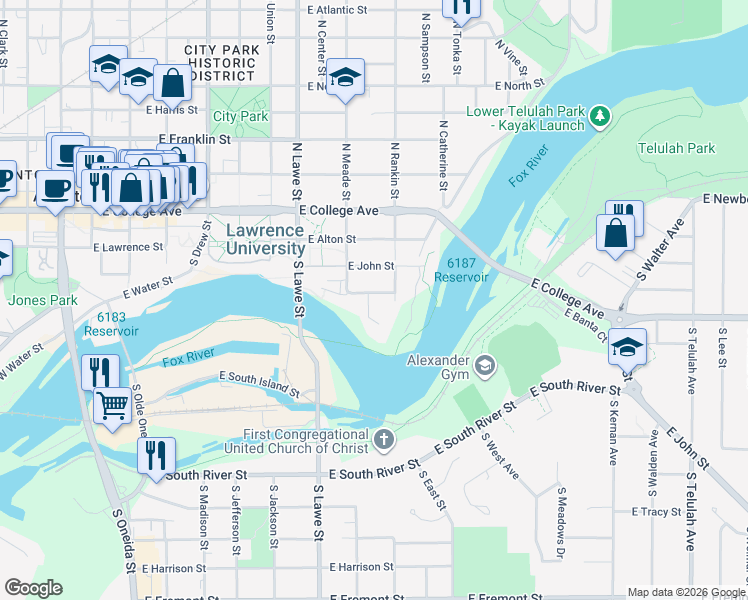 map of restaurants, bars, coffee shops, grocery stores, and more near 831 East South Street in Appleton