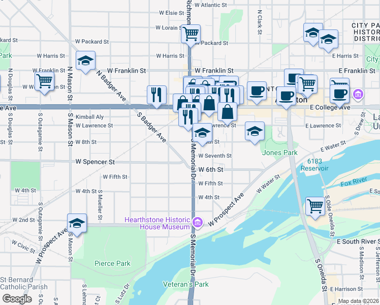 map of restaurants, bars, coffee shops, grocery stores, and more near 321 South Memorial Drive in Appleton