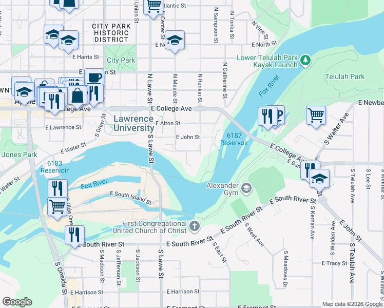 map of restaurants, bars, coffee shops, grocery stores, and more near 831 East South Street in Appleton