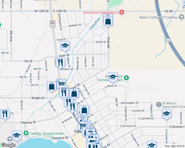 map of restaurants, bars, coffee shops, grocery stores, and more near 800-898 Cotey St in Cadillac