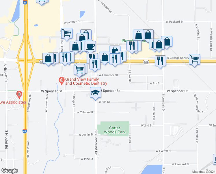 map of restaurants, bars, coffee shops, grocery stores, and more near 3000 West Spencer Street in Appleton
