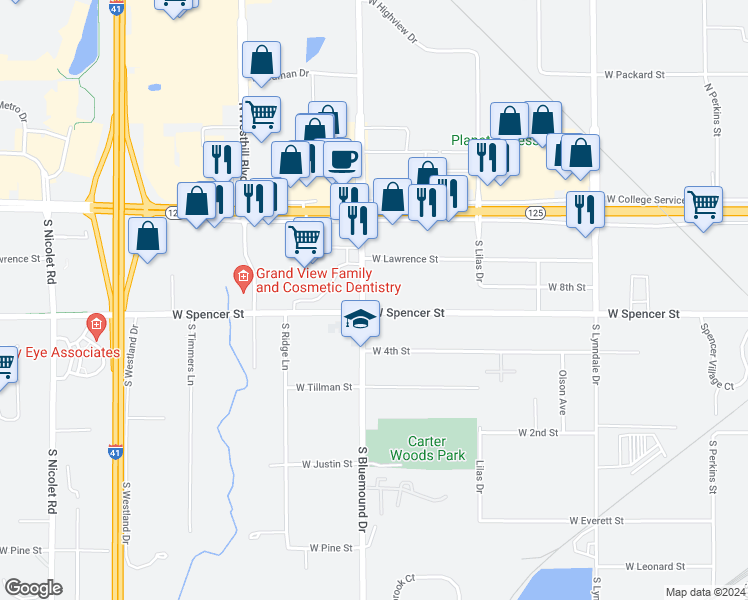 map of restaurants, bars, coffee shops, grocery stores, and more near 3030 West Spencer Street in Appleton